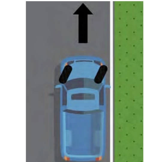 Car parked uphill on a road with no curb, wheels turned to the right