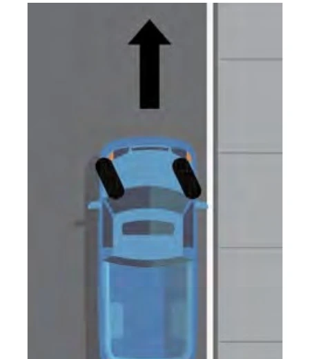 Car parked uphill next to a curb with wheels turned away from the curb