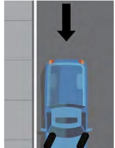 Diagram showing downhill curb parking with wheels turned right toward curb
